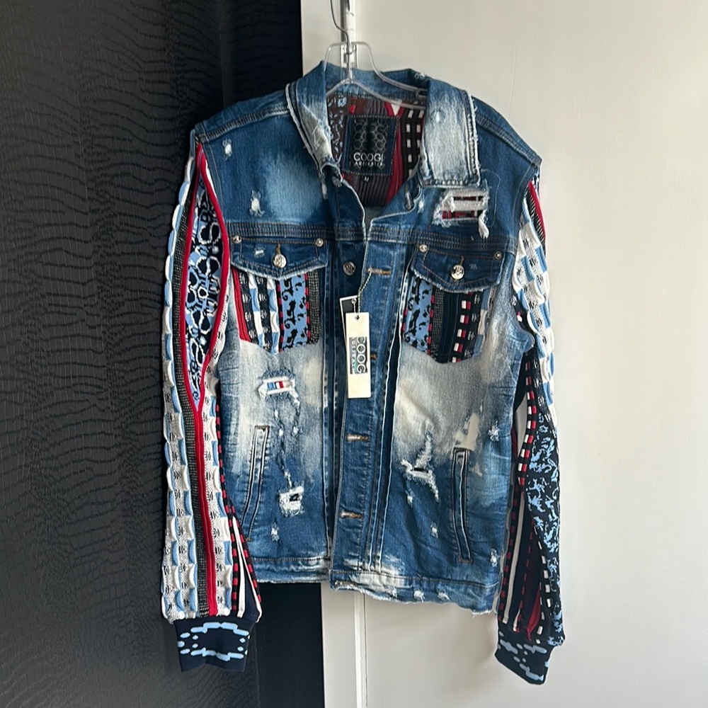 Colorful Denim Jacket with Patterned Sleeves